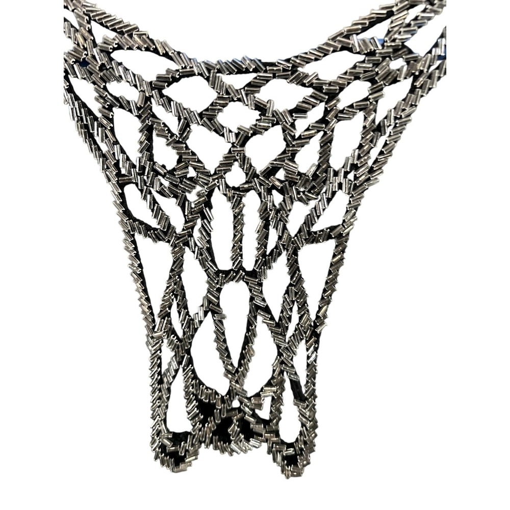 Express Black Beaded Macrame Racerback Tank Top Womens Small Silver Embellished - Picture 3 of 4